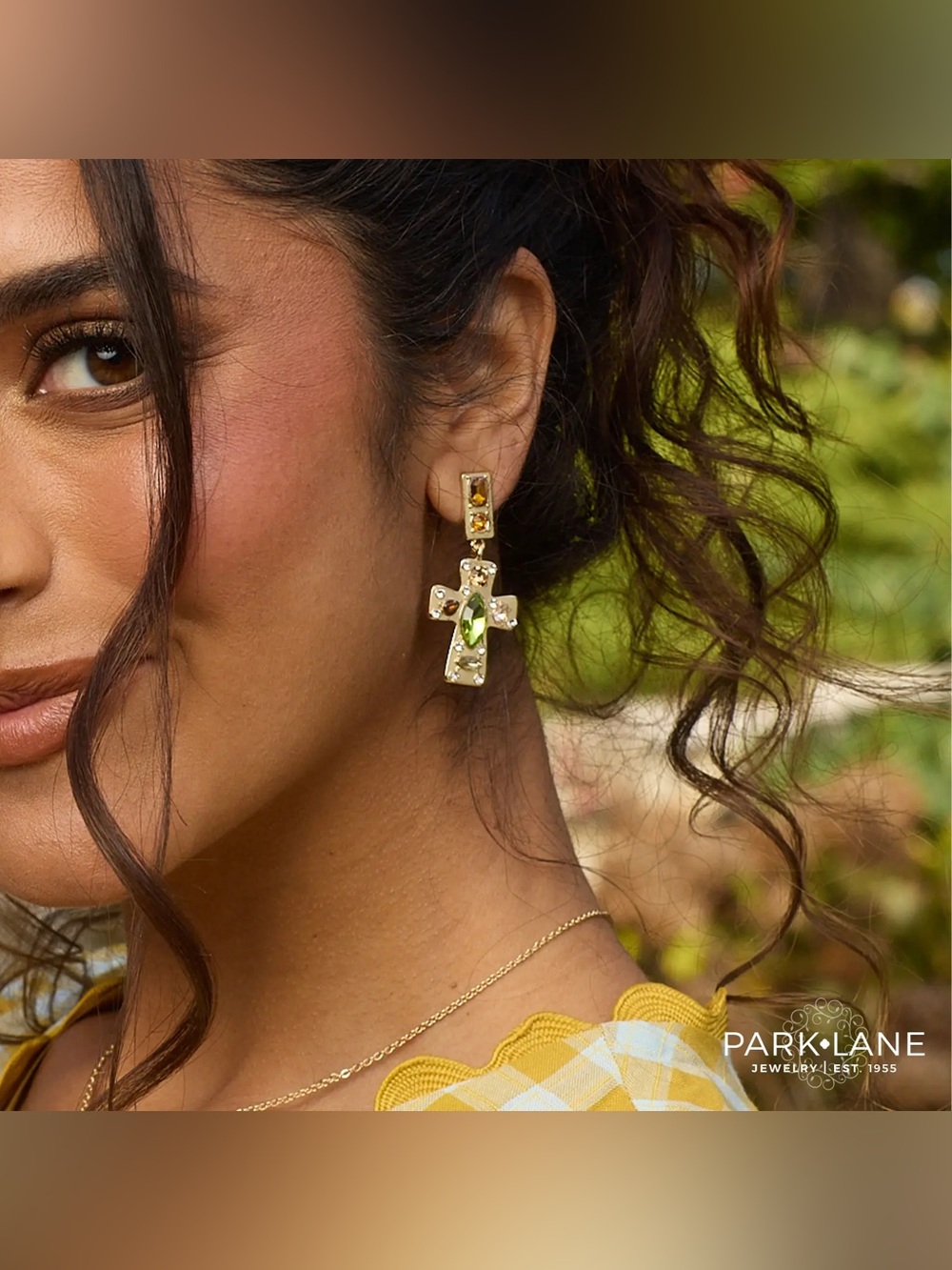 Park Lane Gold Cross Earrings with Green and Amber Stones - LUMEN